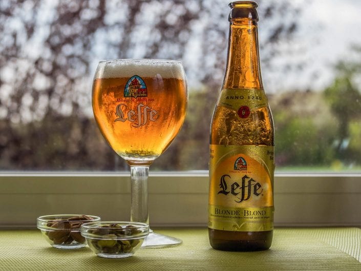 photo of beer glass and bottle Leffe Blond, product photography