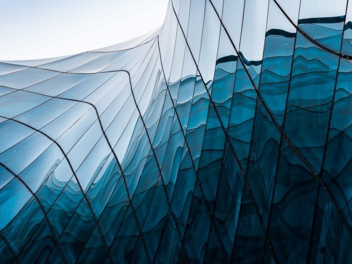 Bleu glass architecture photo in Malmö Sweden, facade shopping mall