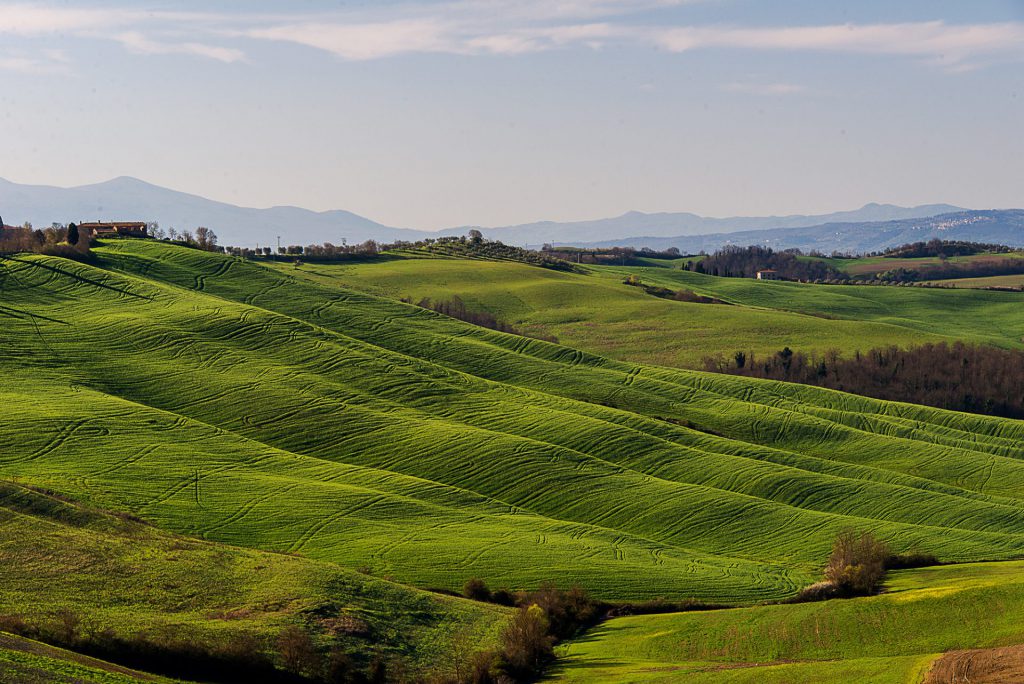 landschapsfoto in Toscane, Italië met een lagere zon die het golvende landcahp beter toont