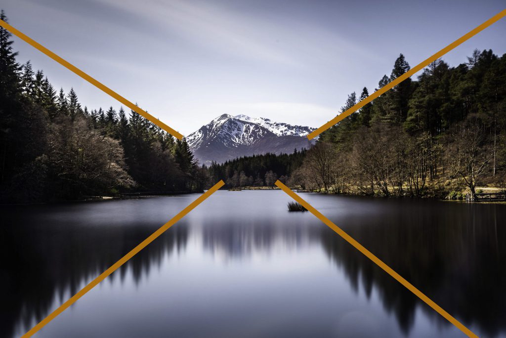 Landschapsfoto met leidende lijnen van bomen en de reflectie ervan richting sneeuwbedekte bergtoppen nabij Loch Achtriochtan in Schotland