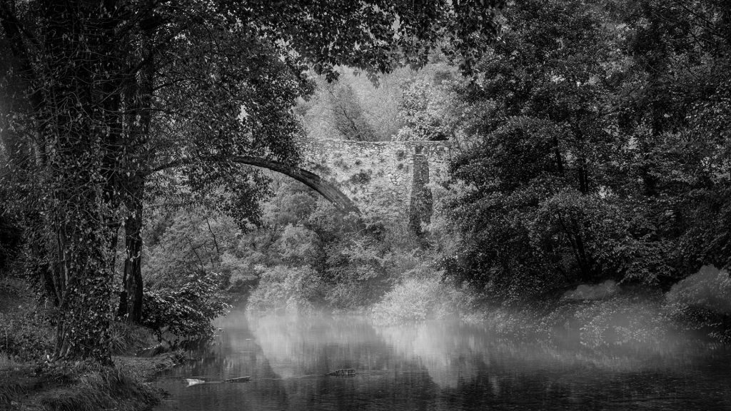 Zwart-wit landschap met een beetje mist die drama toevoegt aan de scène