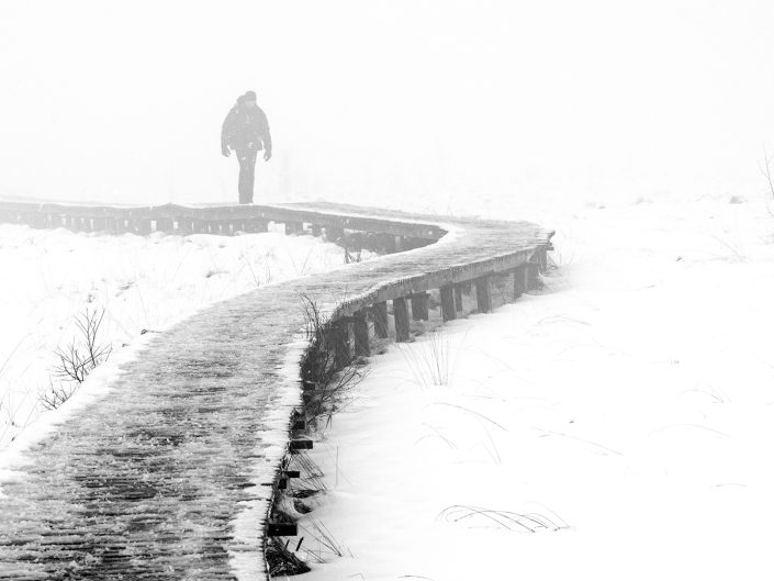 winter landscape photo of a person walking thought the dense mist in a snowy landscape
