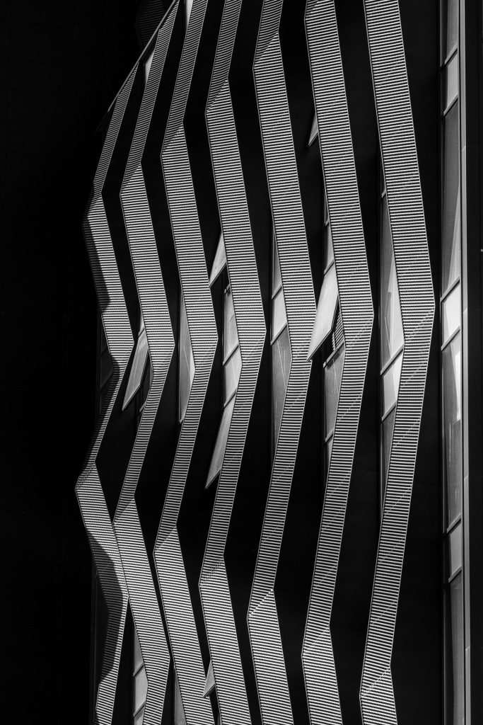 Black and white architectural photo of a facade of an office building in Pristina Kosovo