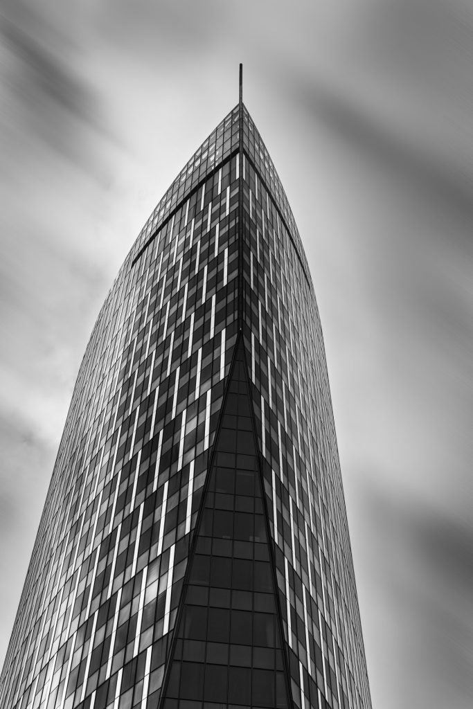 Architectural black and white photo of a skyscraper in Liege, Belgium