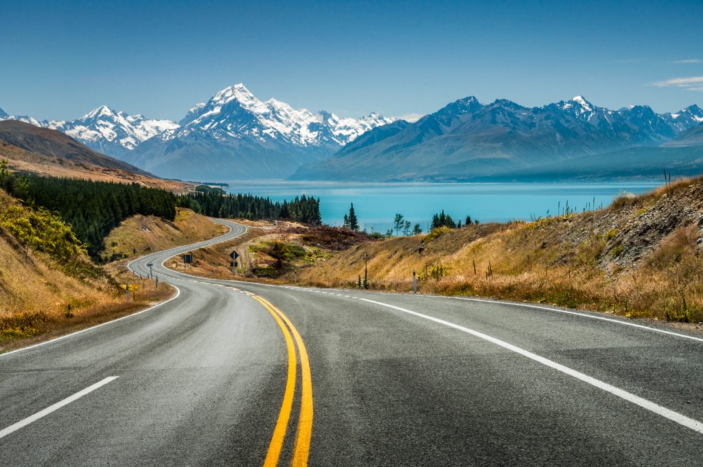 landscape photo of a road with an S-shaped leading line towards Cook Mountain