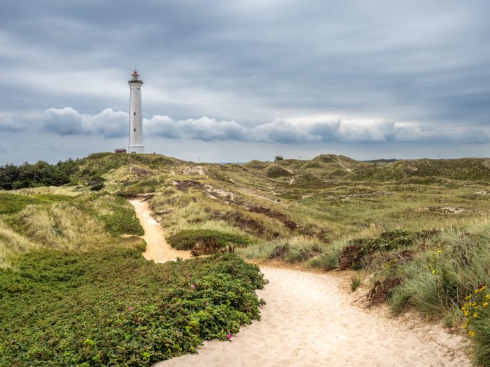 landscape photo of a lighthouse in the dunes and dramatic sky in Denmark