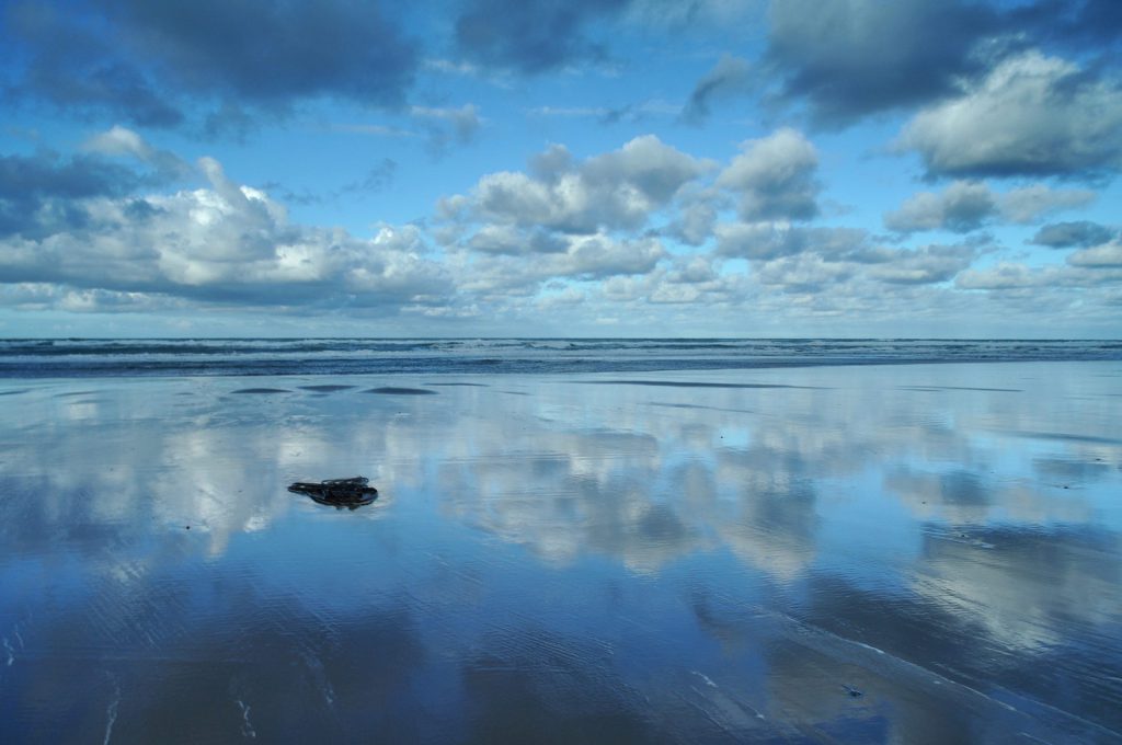 seascape during the blue hour with reflection of the sky on the wet sand