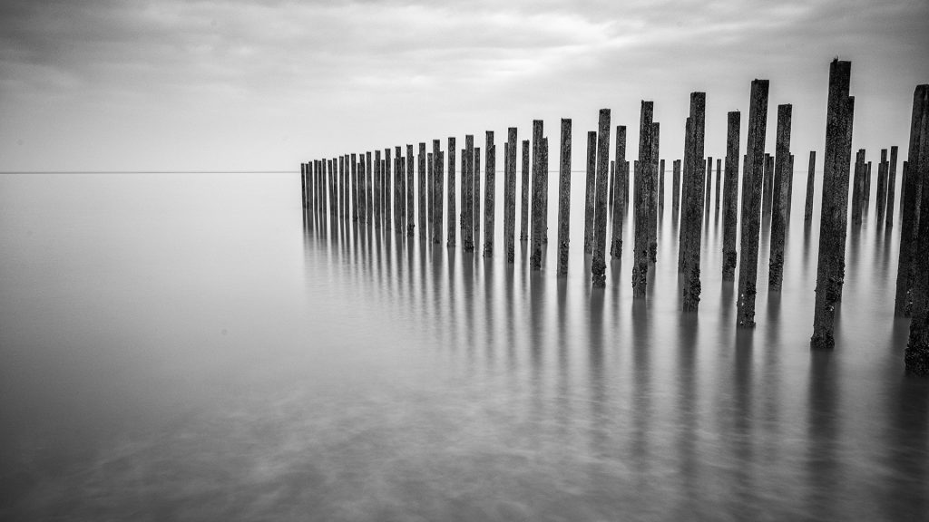 Long exposure black and white seascape photo of mussel poles at the Opal Coast in France