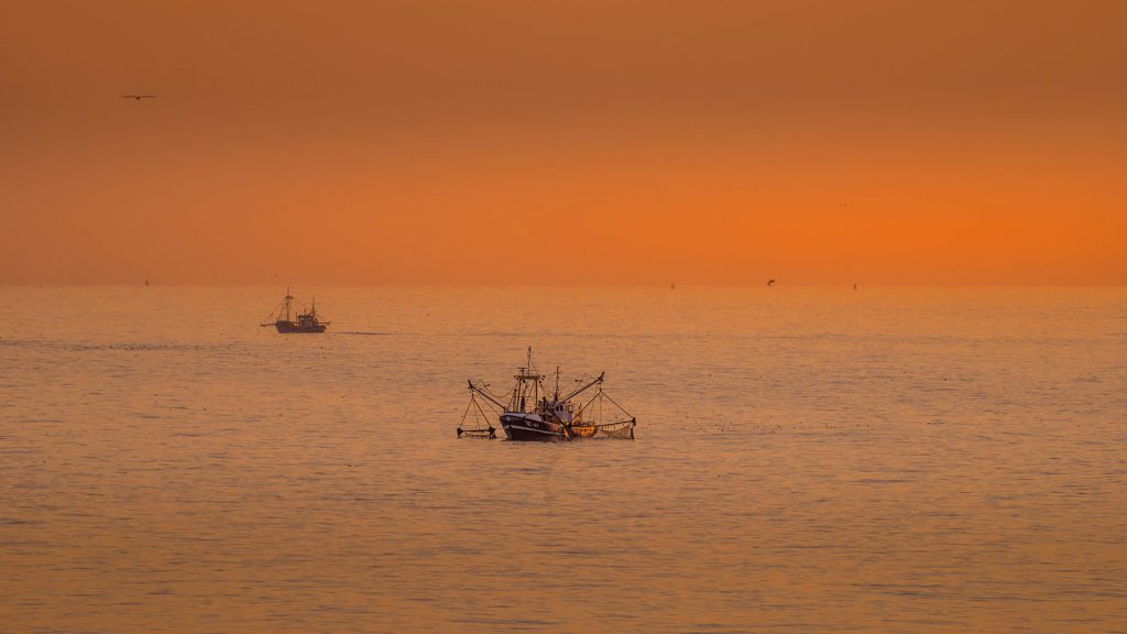 Seascape photo during the golden hour of fishing boats on the North Sea