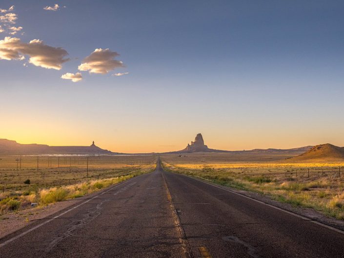 Landscape photo of the road toward Monument Valley at sunset