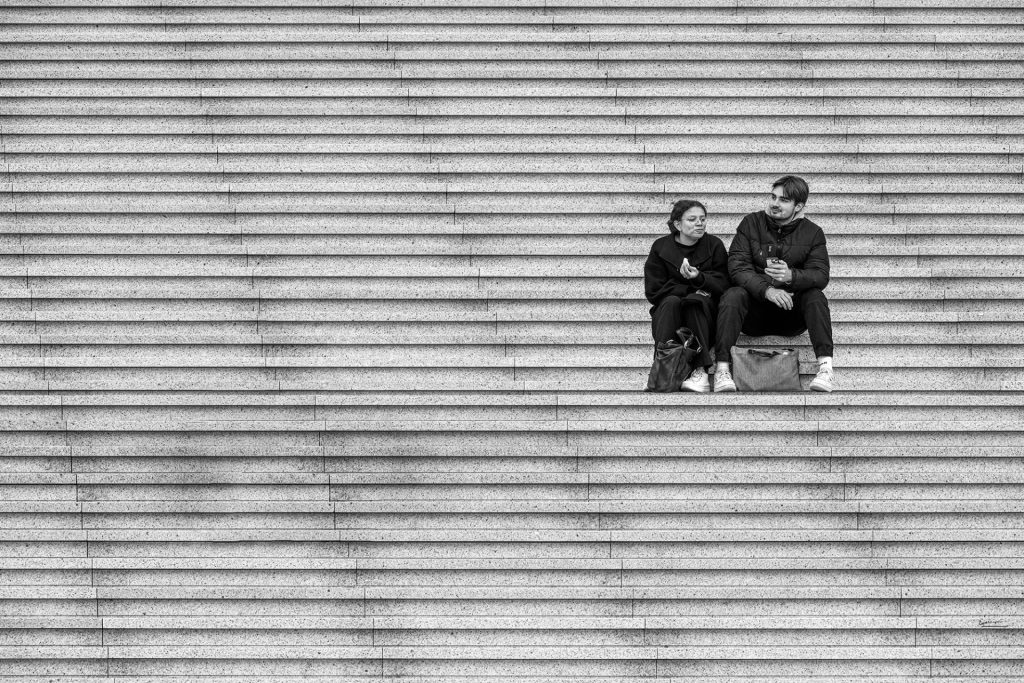 Minimal cityscape and street photo of stairs in Paris in black and white