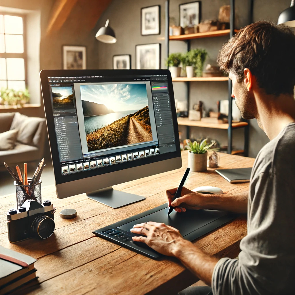 Een persoon zit achter een bureau en gebruikt een computer om foto's te bewerken. De scène is goed verlicht met natuurlijk licht uit een nabijgelegen raam. Op het computerscherm staat fotobewerkingssoftware met een liggende foto die wordt aangepast. De persoon is geconcentreerd en gebruikt een stylus op een grafisch tablet. Op het bureau liggen een paar fotografie-gerelateerde voorwerpen zoals een camera, lenzen en een notitieblok. De achtergrond toont een gezellige, moderne kamer met wat planten en planken met boeken en decoratiespullen.