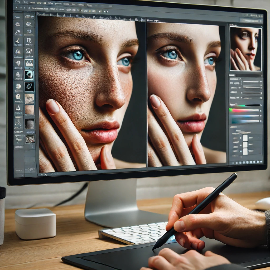 Een fotorealistische afbeelding van een persoon die bezig is met AI-ondersteunde retouchering, met de nadruk op een close-up van een portret waar huidimperfecties zijn verwijderd door AI-software. De persoon gebruikt een computer met geavanceerde fotobewerkingssoftware zichtbaar op het scherm. Het scherm toont een gesplitste weergave met het originele portret aan de ene kant en de geretoucheerde versie aan de andere kant. De werkruimte is goed verlicht en de persoon gebruikt een stylus op een grafisch tablet. De afbeelding moet duidelijk het voor-en-na effect van de AI-retouche op het portret laten zien.