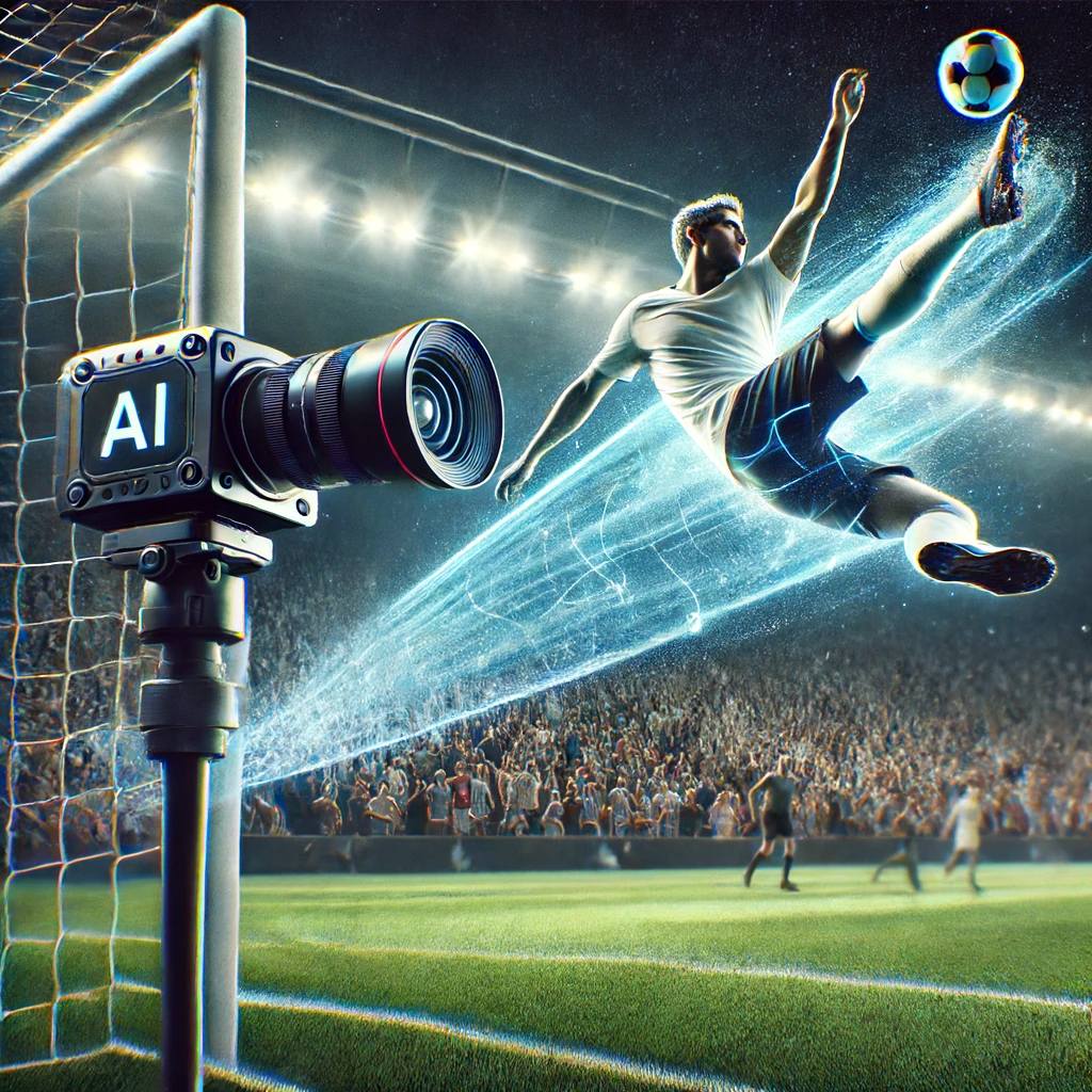 Een fotorealistische afbeelding van een dynamische sportscène waarbij een camera AI gebruikt om de beweging te voorspellen en vast te leggen. In de scène is een voetballer te zien die in de lucht een kick uitvoert richting het doel. De achtergrond toont een vol stadion met juichende fans. De camera, uitgerust met geavanceerde AI-technologie, is zichtbaar aan de zijlijn, focust op de speler en voorspelt zijn beweging om de perfecte opname te maken. Het beeld benadrukt de scherpte en helderheid van de actie, met een minimale bewegingsonscherpte, wat het vermogen van de AI laat zien om snelle sportbewegingen te volgen en vast te leggen.