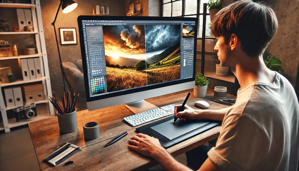 een fotorealistische afbeelding van een persoon die fotobewerking doet aan een computer met een grafisch tablet en stylus, waarbij een saaie lucht in een landschapsfoto wordt vervangen door een dramatische lucht. Op het computerscherm is geavanceerde fotobewerkingssoftware zichtbaar met een gesplitste weergave: het originele landschap aan de ene kant en de geretoucheerde versie aan de andere kant. De werkruimte is goed verlicht, en de persoon is gefocust op hun werk, omgeven door een moderne en gezellige omgeving met planten en boekenplanken op de achtergrond. Deze afbeelding laat duidelijk het voor-en-na-effect van de AI-retouche laten zien. In deze rendering heeft AI echter geknoeid met het toetsenbord. Dit kon wel opgelost worden in een tweede poging door te werken met een lokale aanpassing.

