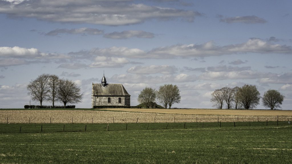 The picture shows an open landscape with a small chapel at its centre, surrounded by scattered trees in an almost linear composition. The fields are divided into colour patches of green and gold, under a blue sky with scattered clouds. The image exudes stillness and simplicity. The chapel stands like a monument in space, protected and framed by trees. The sky is soft but full of texture. Everything in this image seems thoughtfully positioned - as if nature itself has composed.