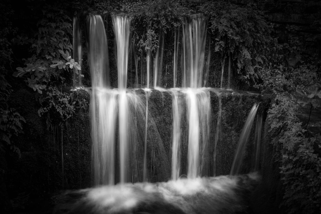 The black-and-white photo shows a serene waterfall consisting of several vertical streams of water spreading across a moss-covered rock face. The water seems to slide down like white ribbons. Plants and ferns frame the image along the top and sides. The photograph exudes tranquillity and timelessness. The slow shutter speed effect transforms the flowing water into a soft veil. The choice of black and white enhances the texture of the moss and water, and removes distracting colours, allowing the shapes and tonality to take centre stage. The image is reminiscent of fine-art landscape photography.